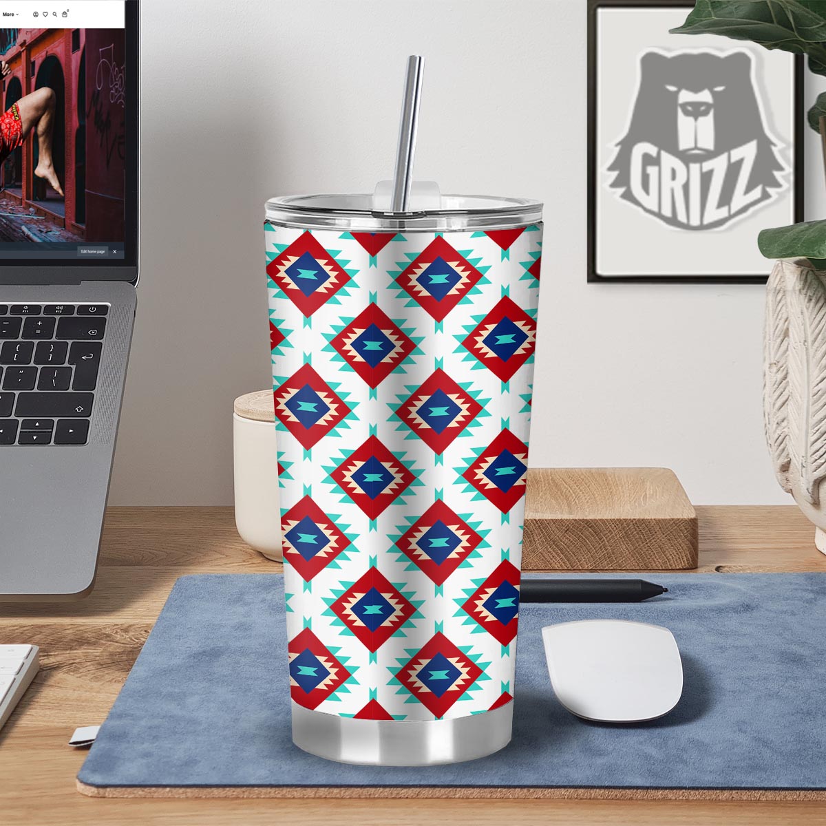 Southwestern Teal And Red Print Pattern Tumbler-grizzshop