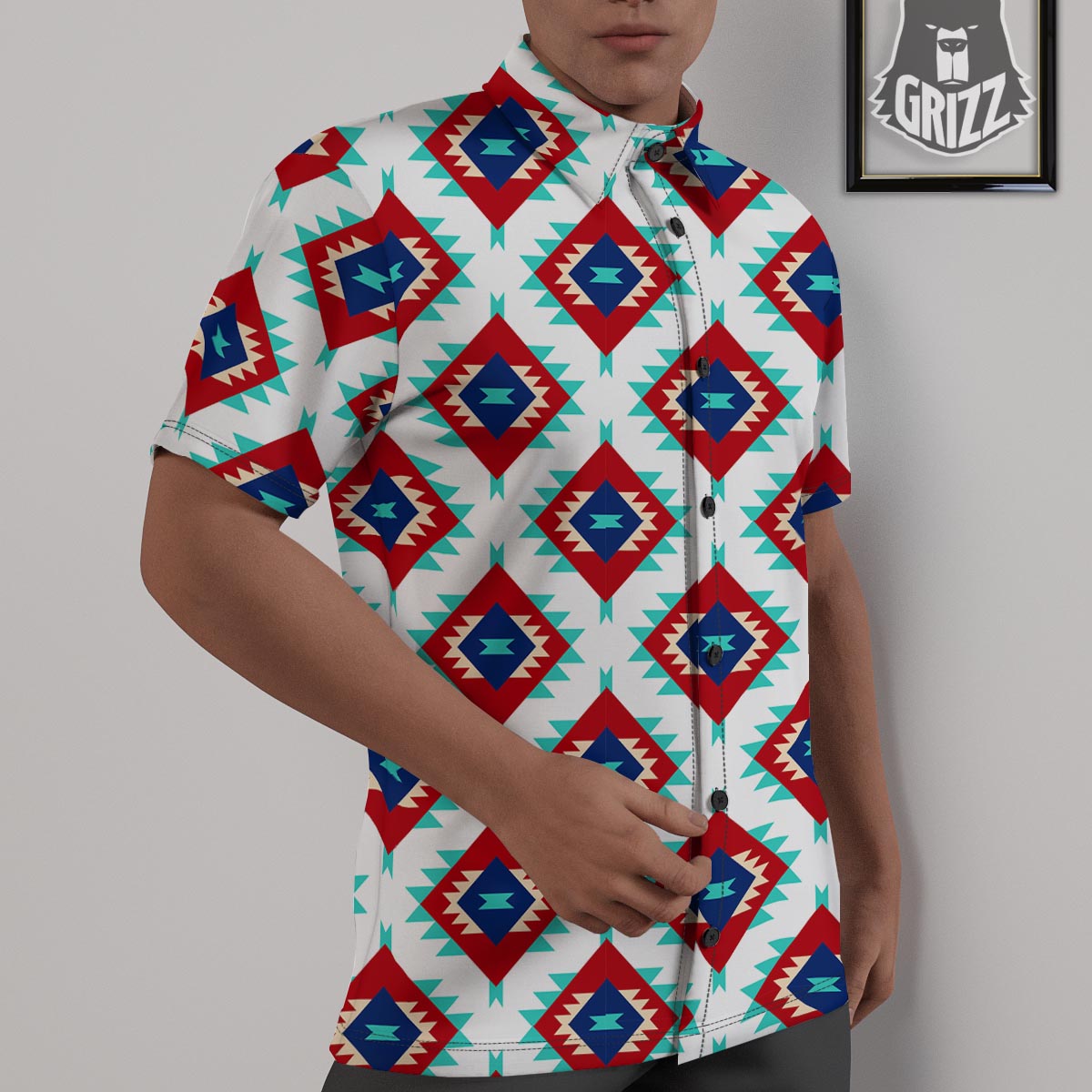 Southwestern Teal And Red Print Pattern Untucked Shirts-grizzshop