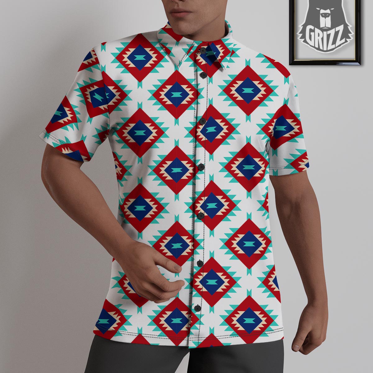 Southwestern Teal And Red Print Pattern Untucked Shirts-grizzshop