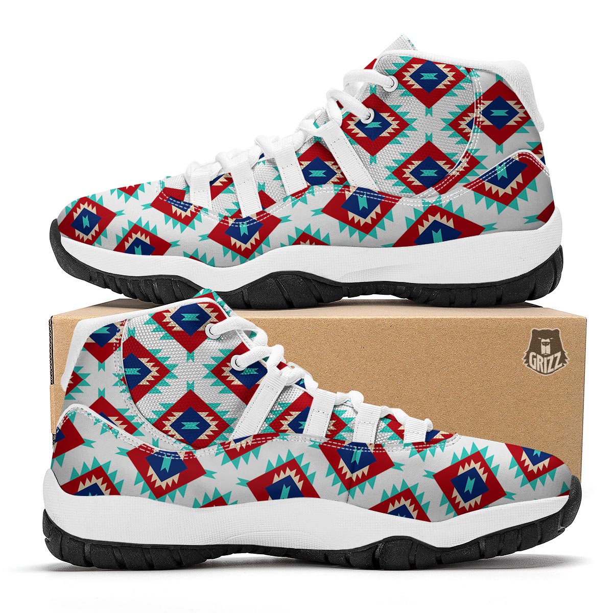 Southwestern Teal And Red Print Pattern White Bball Shoes-grizzshop