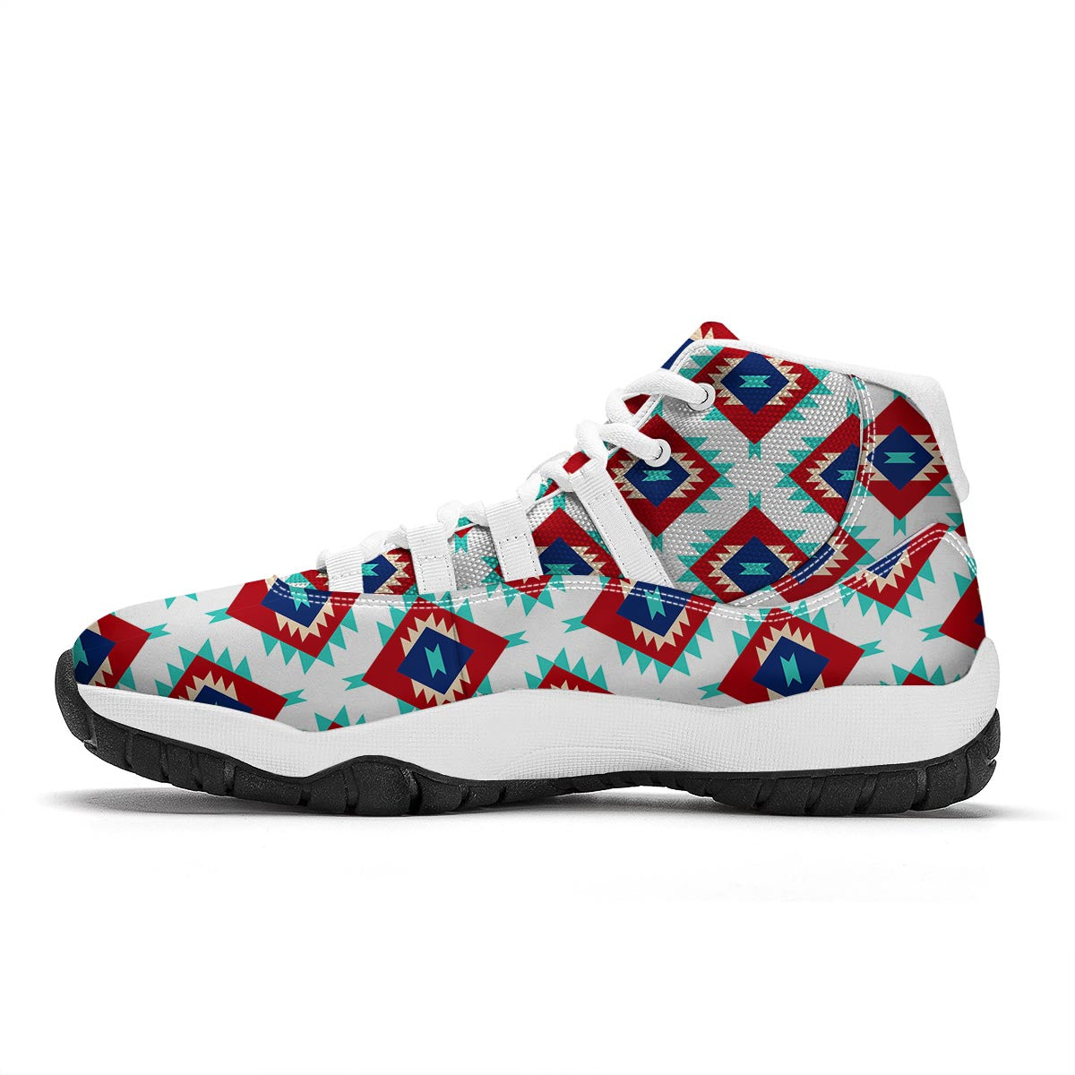 Southwestern Teal And Red Print Pattern White Bball Shoes-grizzshop