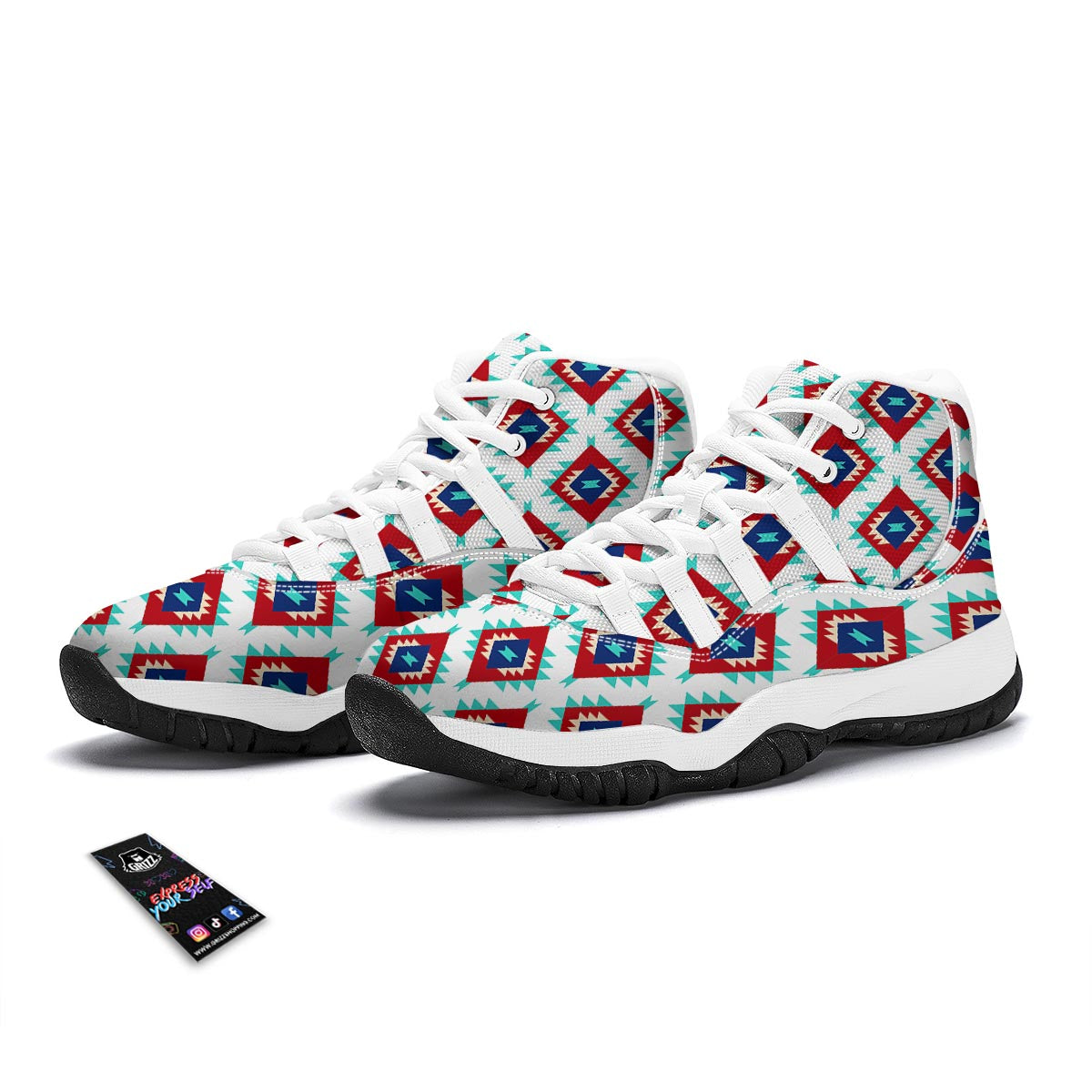 Southwestern Teal And Red Print Pattern White Bball Shoes-grizzshop