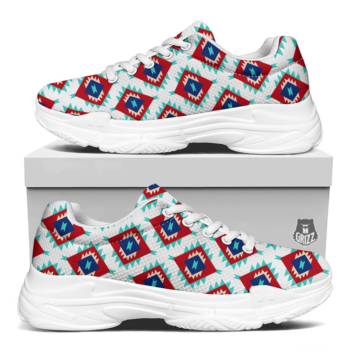 Southwestern Teal And Red Print Pattern White Chunky Shoes-grizzshop