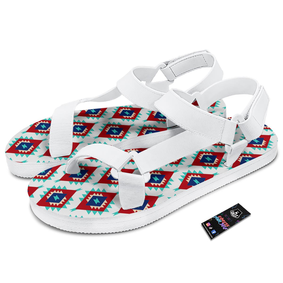 Southwestern Teal And Red Print Pattern White Open Toe Sandals-grizzshop