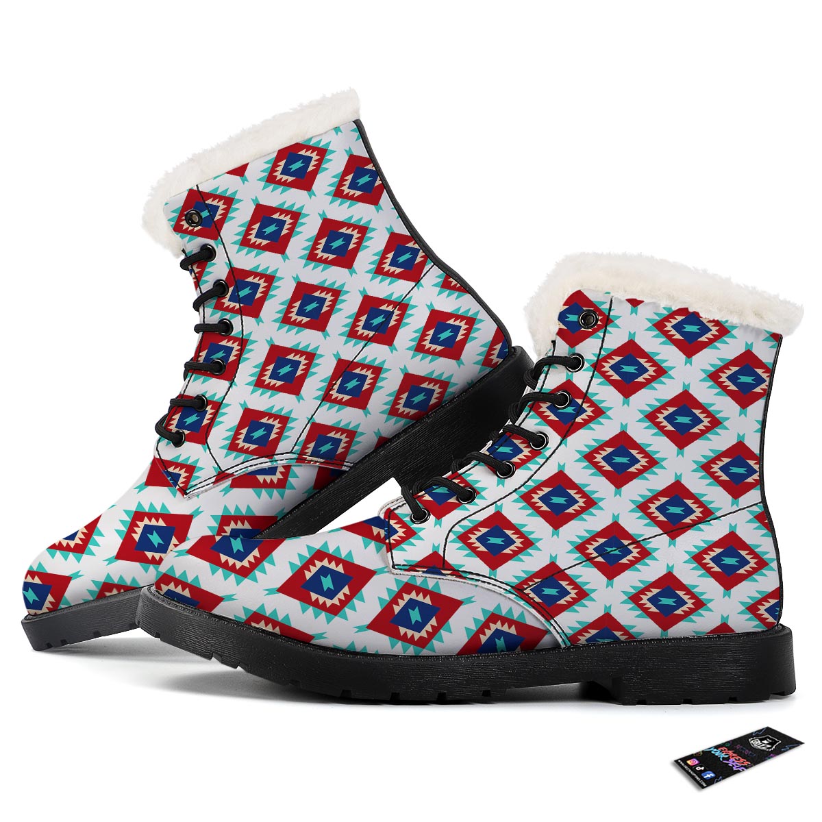 Southwestern Teal And Red Print Pattern Winter Boots-grizzshop