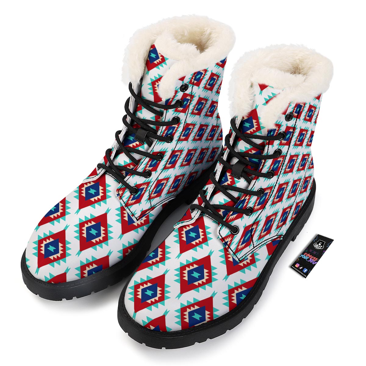 Southwestern Teal And Red Print Pattern Winter Boots-grizzshop