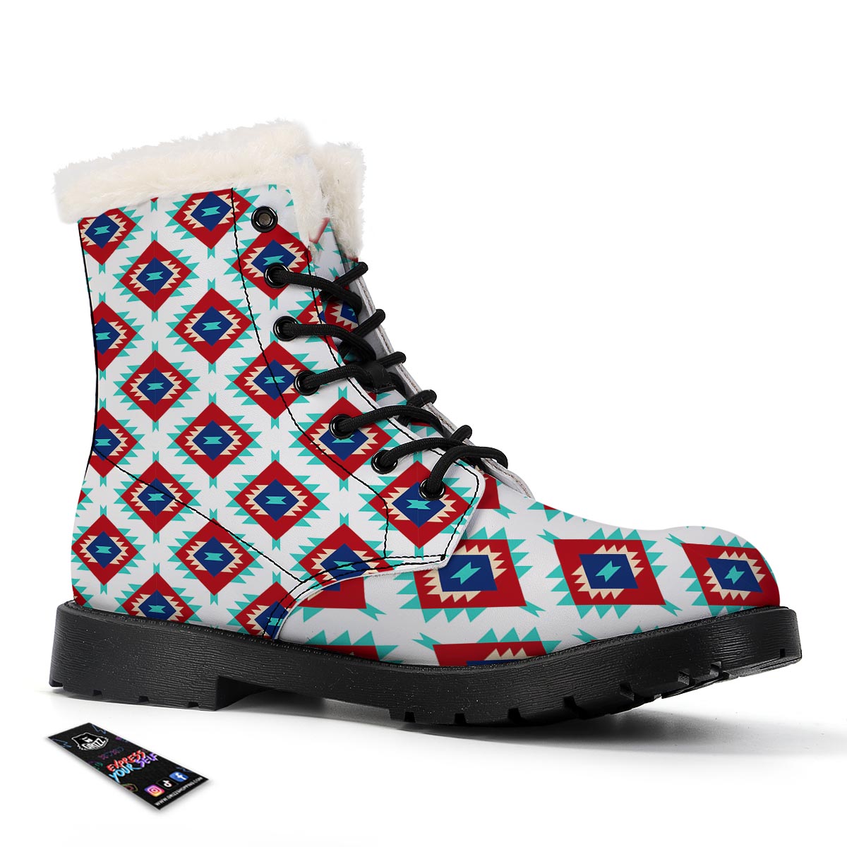 Southwestern Teal And Red Print Pattern Winter Boots-grizzshop