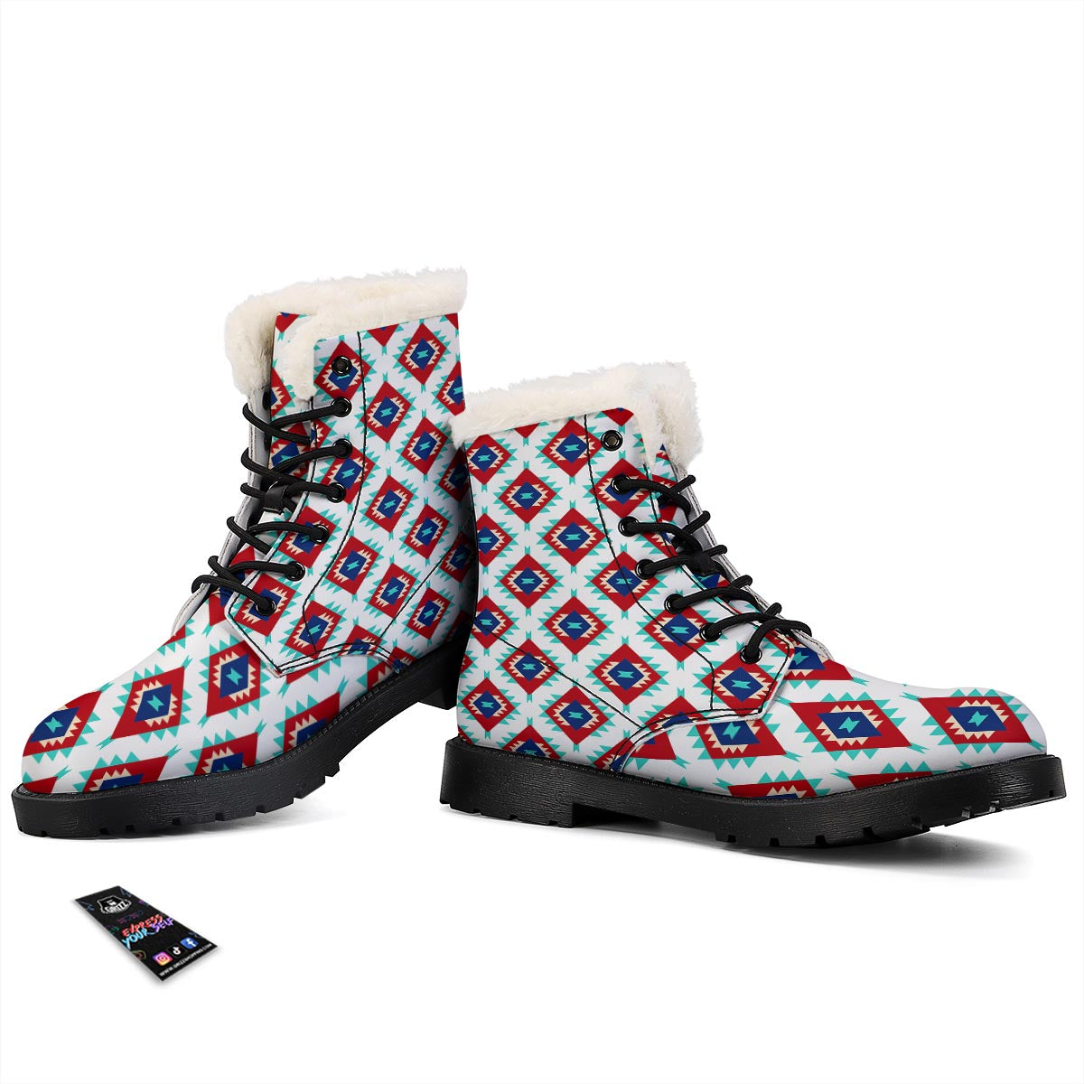 Southwestern Teal And Red Print Pattern Winter Boots-grizzshop