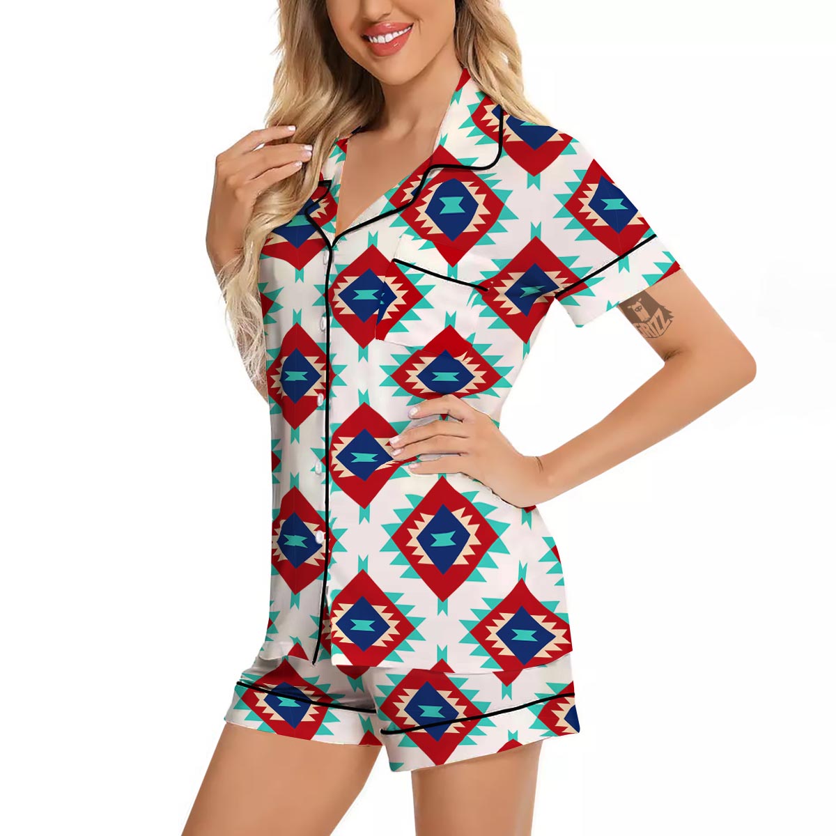 Southwestern Teal And Red Print Pattern Women Silk Pajamas-grizzshop