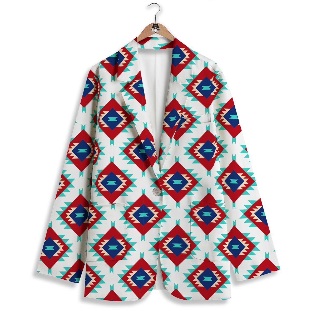 Southwestern Teal And Red Print Pattern Women's Blazer-grizzshop