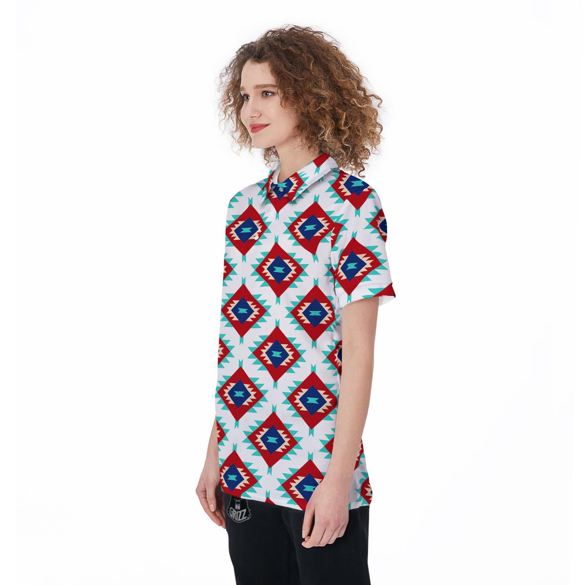 Southwestern Teal And Red Print Pattern Women's Golf Shirts-grizzshop
