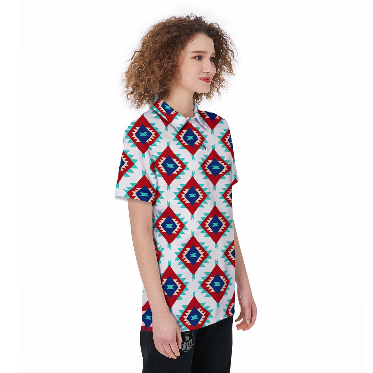 Southwestern Teal And Red Print Pattern Women's Golf Shirts-grizzshop