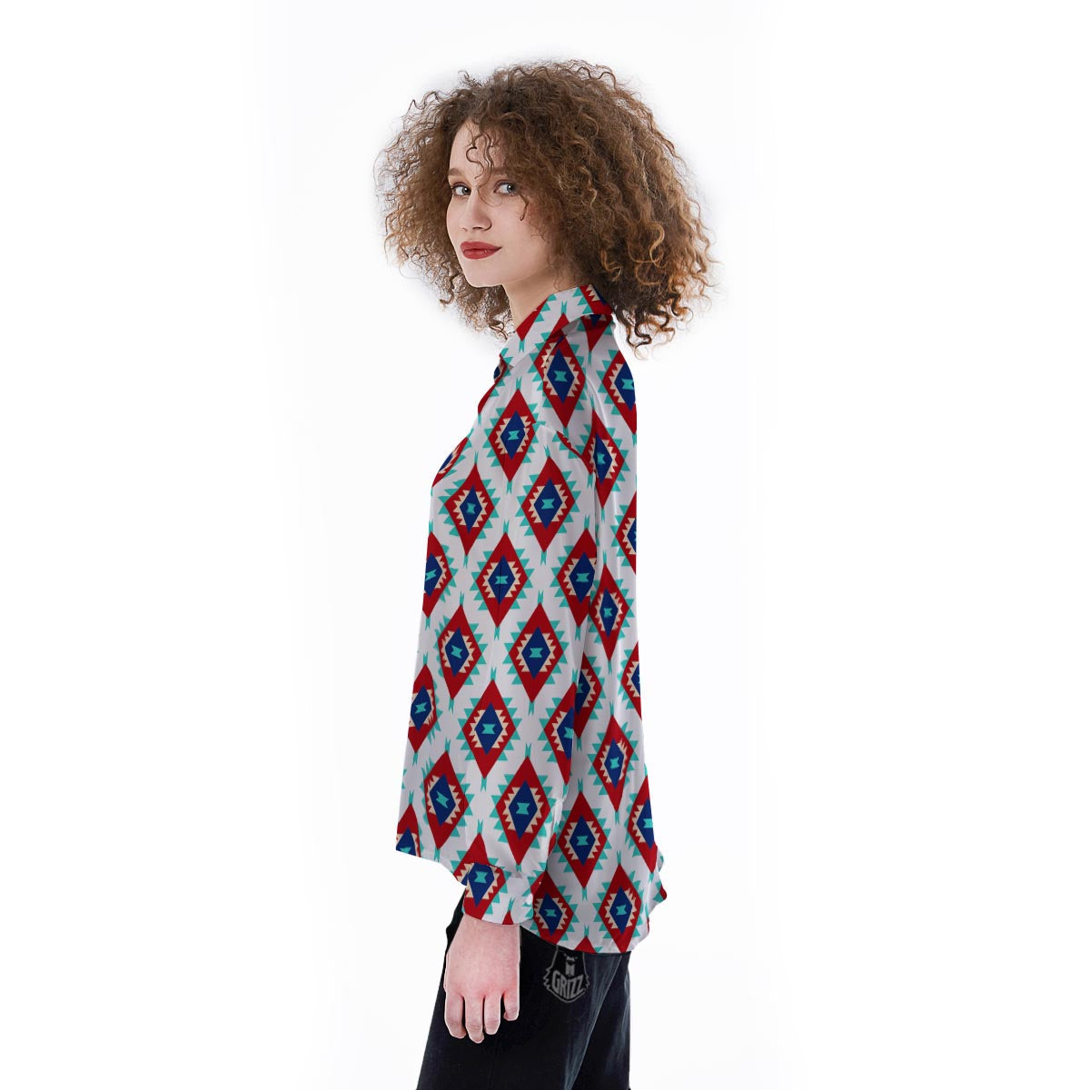 Southwestern Teal And Red Print Pattern Women's Long Sleeve Shirts-grizzshop