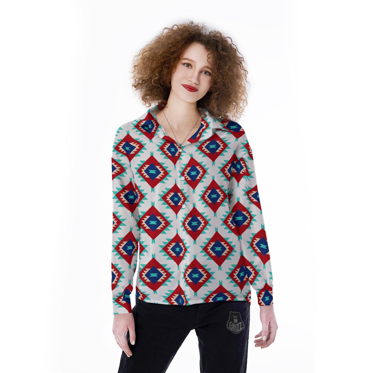 Southwestern Teal And Red Print Pattern Women's Long Sleeve Shirts-grizzshop