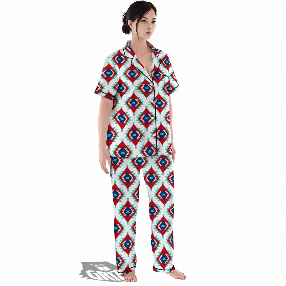 Southwestern Teal And Red Print Pattern Women's Pajamas Set-grizzshop