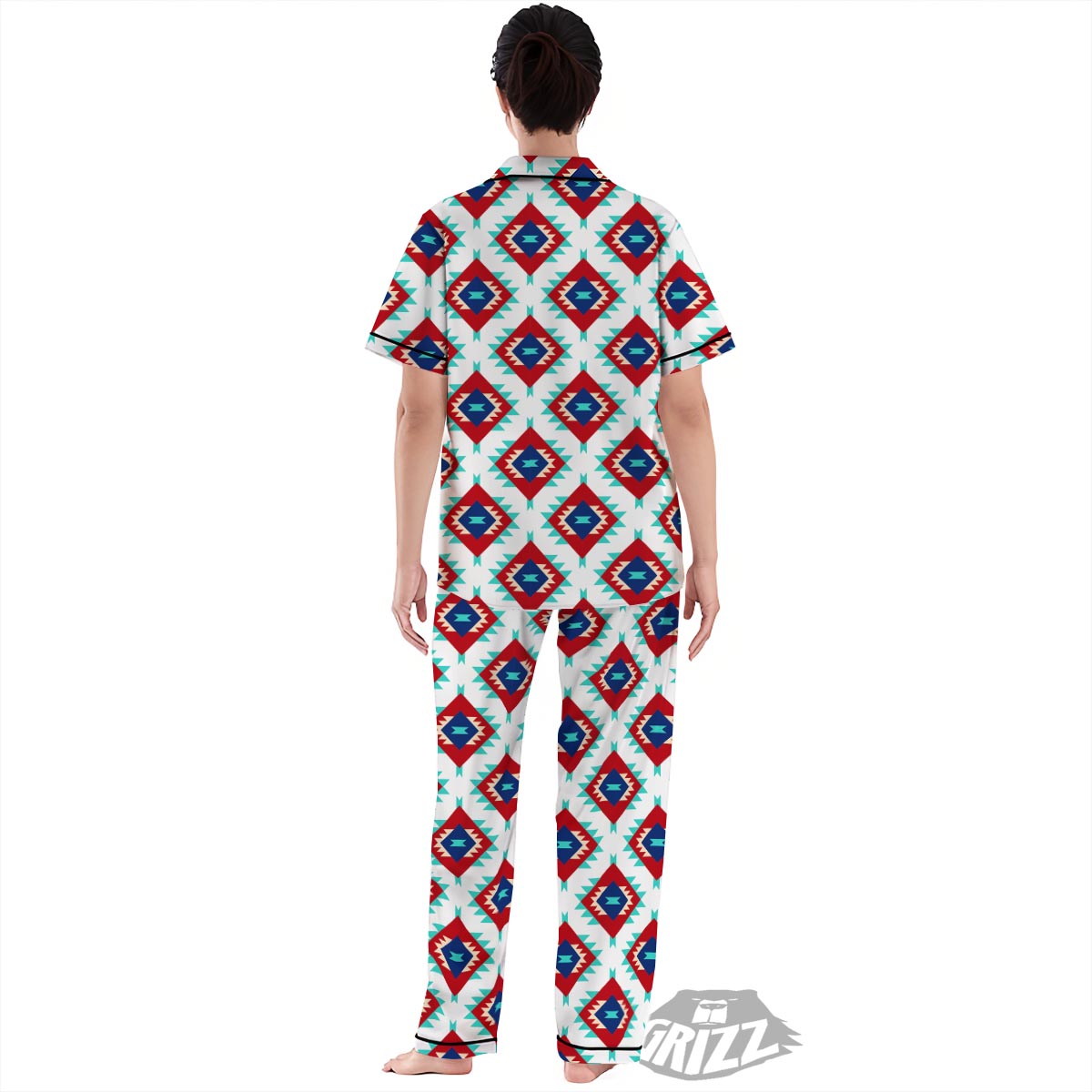 Southwestern Teal And Red Print Pattern Women's Pajamas Set-grizzshop