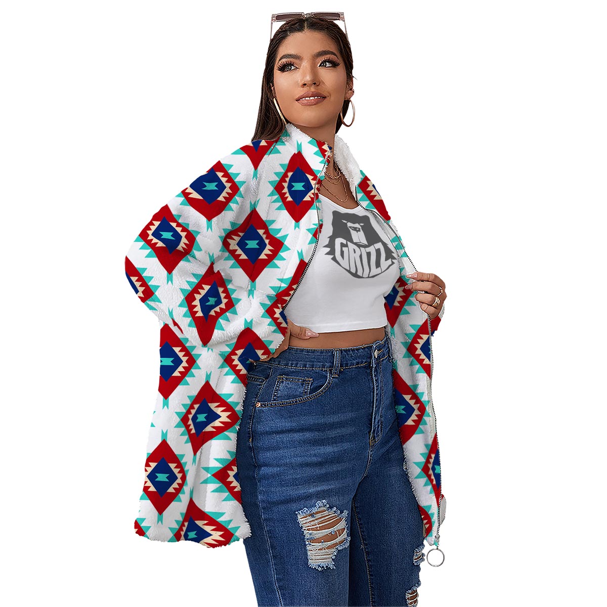 Southwestern Teal And Red Print Pattern Women's Sherpa Jacket-grizzshop
