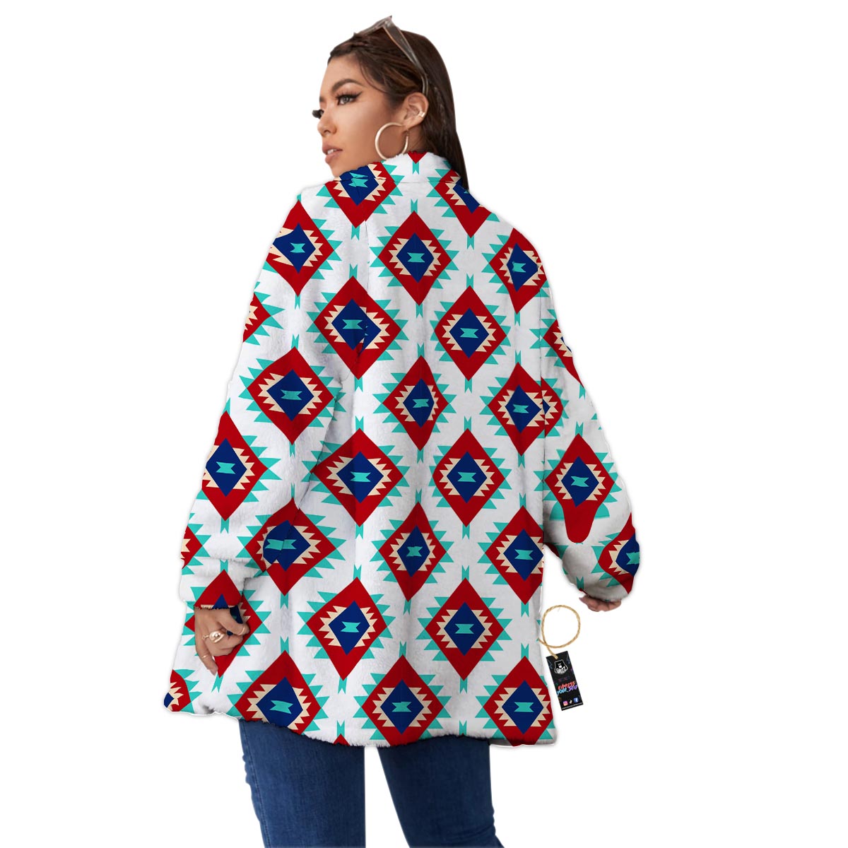 Southwestern Teal And Red Print Pattern Women's Sherpa Jacket-grizzshop