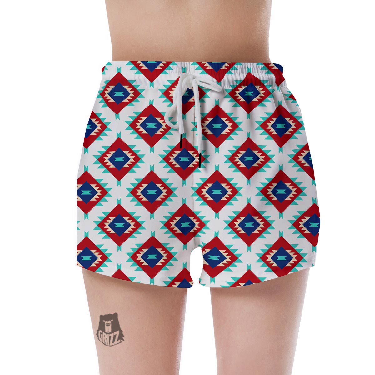 Southwestern Teal And Red Print Pattern Women's Shorts-grizzshop