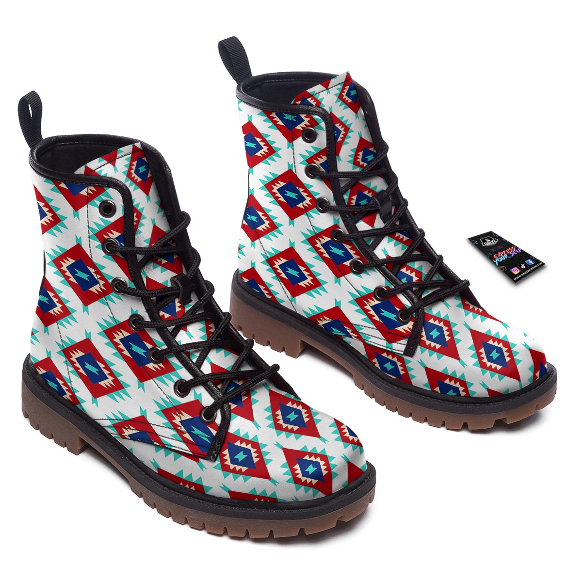 Southwestern Teal And Red Print Pattern Work Boots-grizzshop