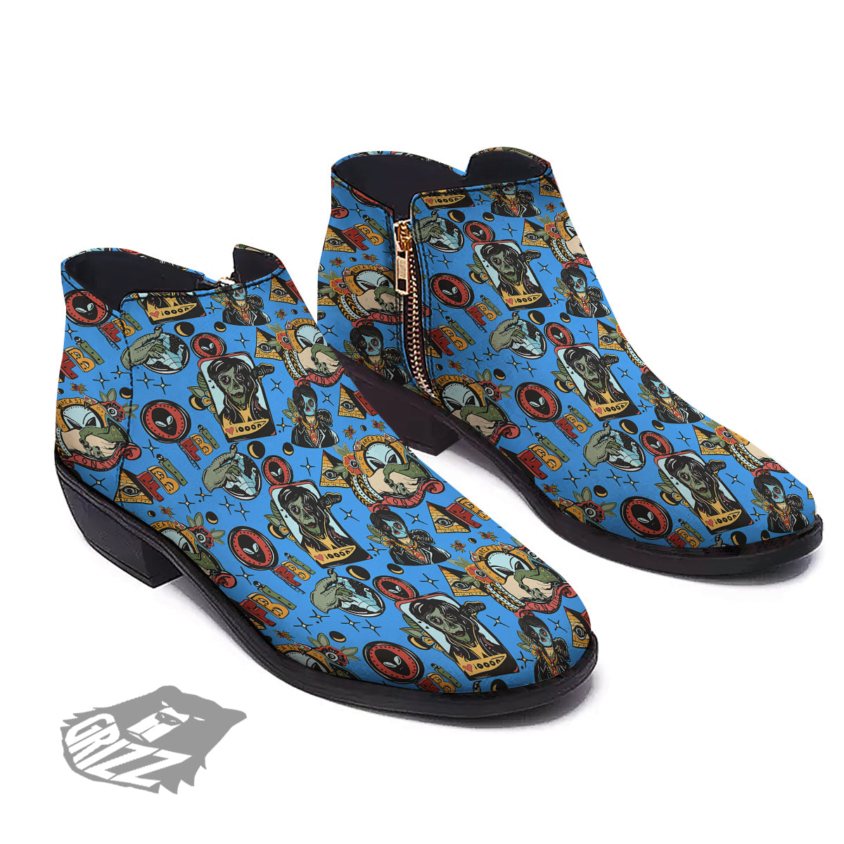 Space Alien Retro Tattoo Print Pattern Ankle Boots-grizzshop