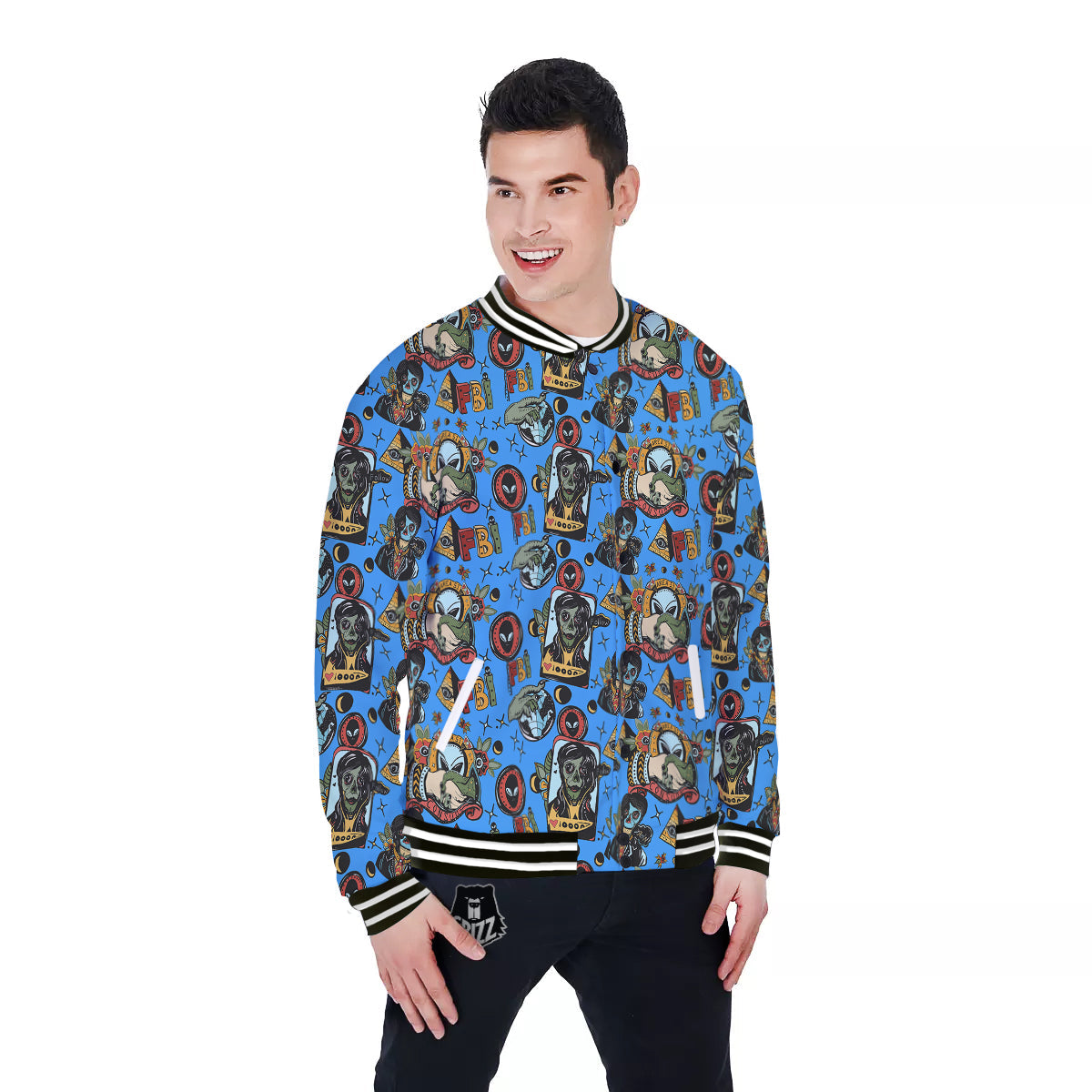 Space Alien Retro Tattoo Print Pattern Baseball Jacket-grizzshop