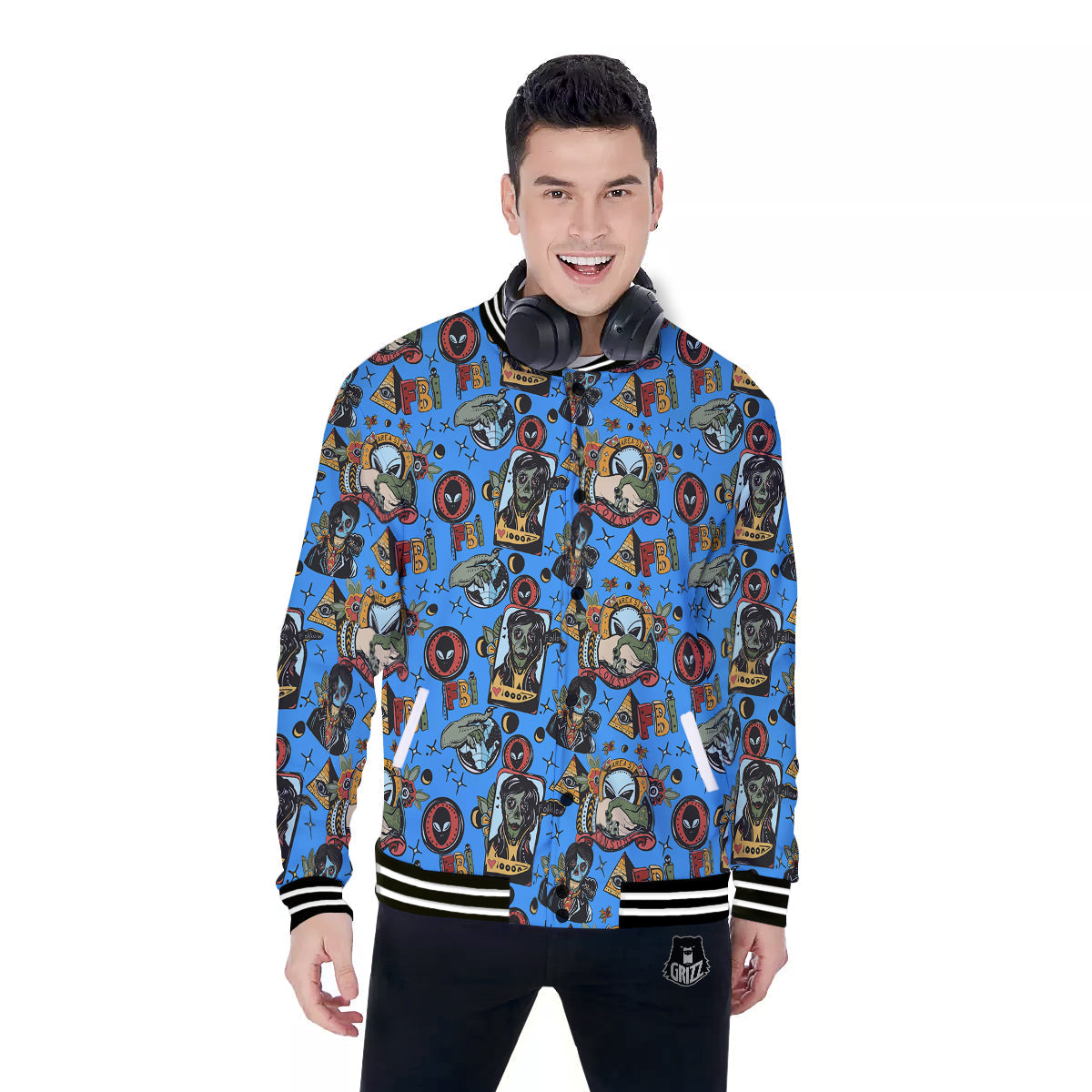 Space Alien Retro Tattoo Print Pattern Baseball Jacket-grizzshop
