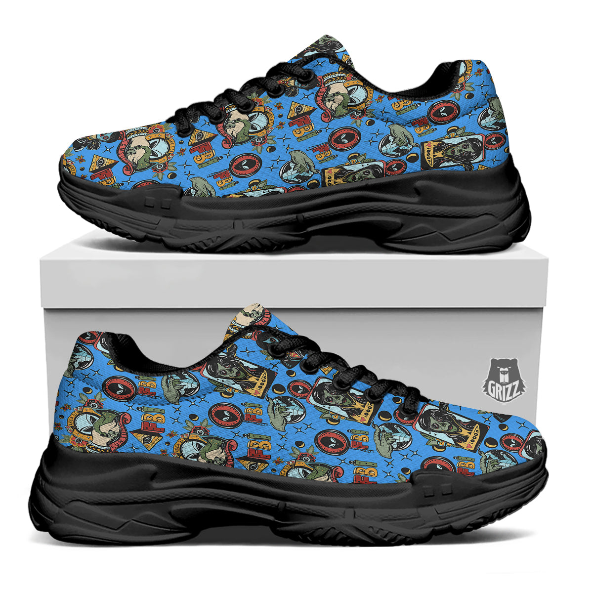 Space Alien Retro Tattoo Print Pattern Black Chunky Shoes-grizzshop