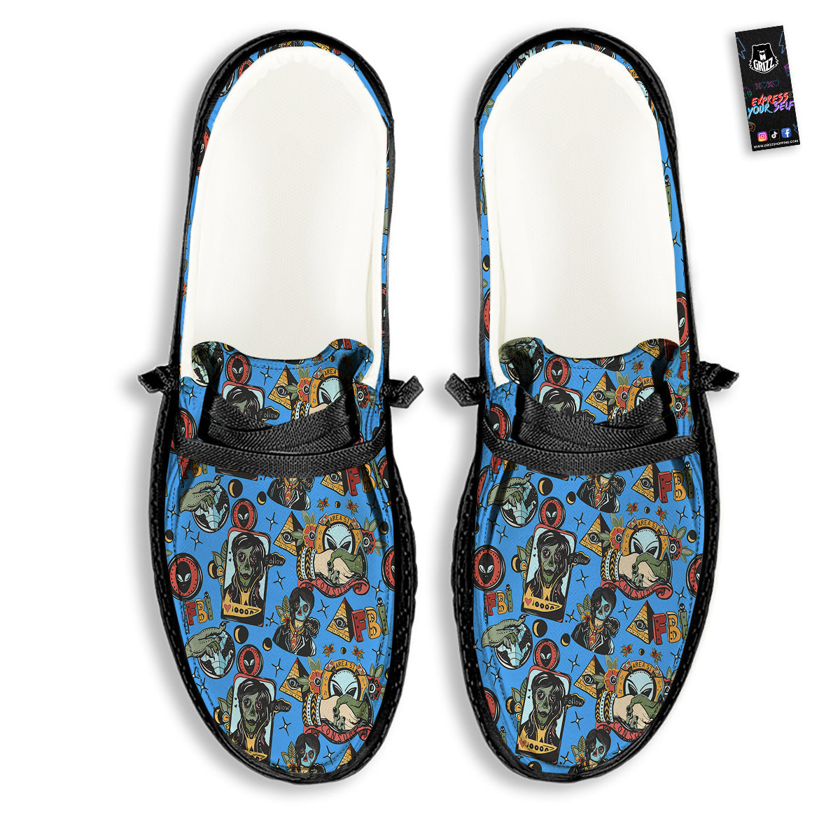 Space Alien Retro Tattoo Print Pattern Black Loafers-grizzshop
