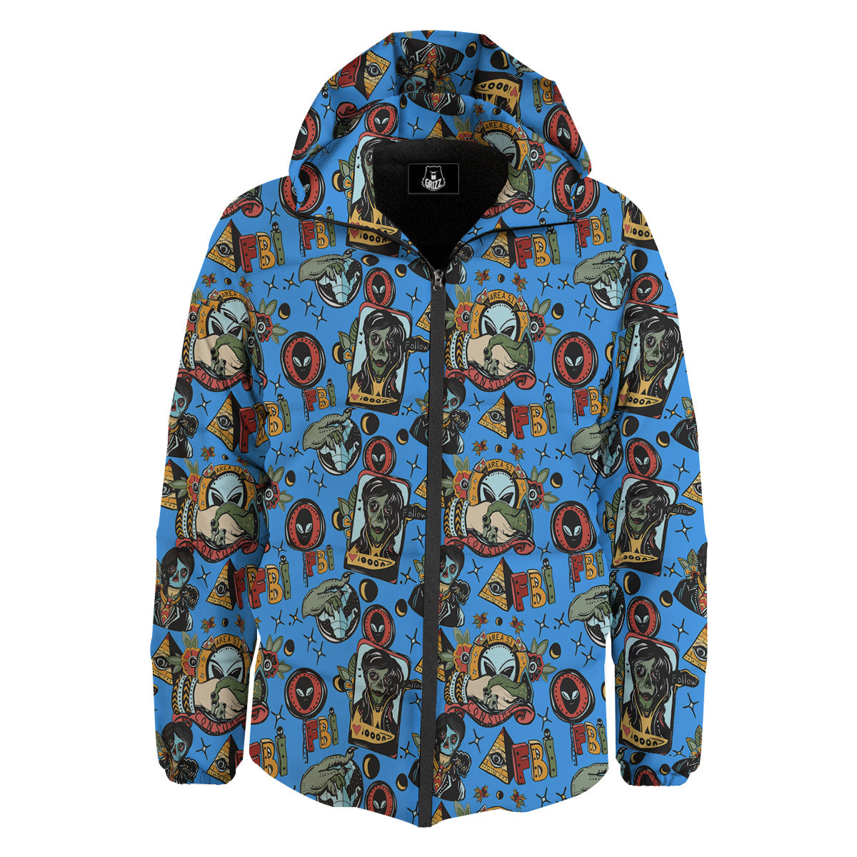 Space Alien Retro Tattoo Print Pattern Down Jacket-grizzshop