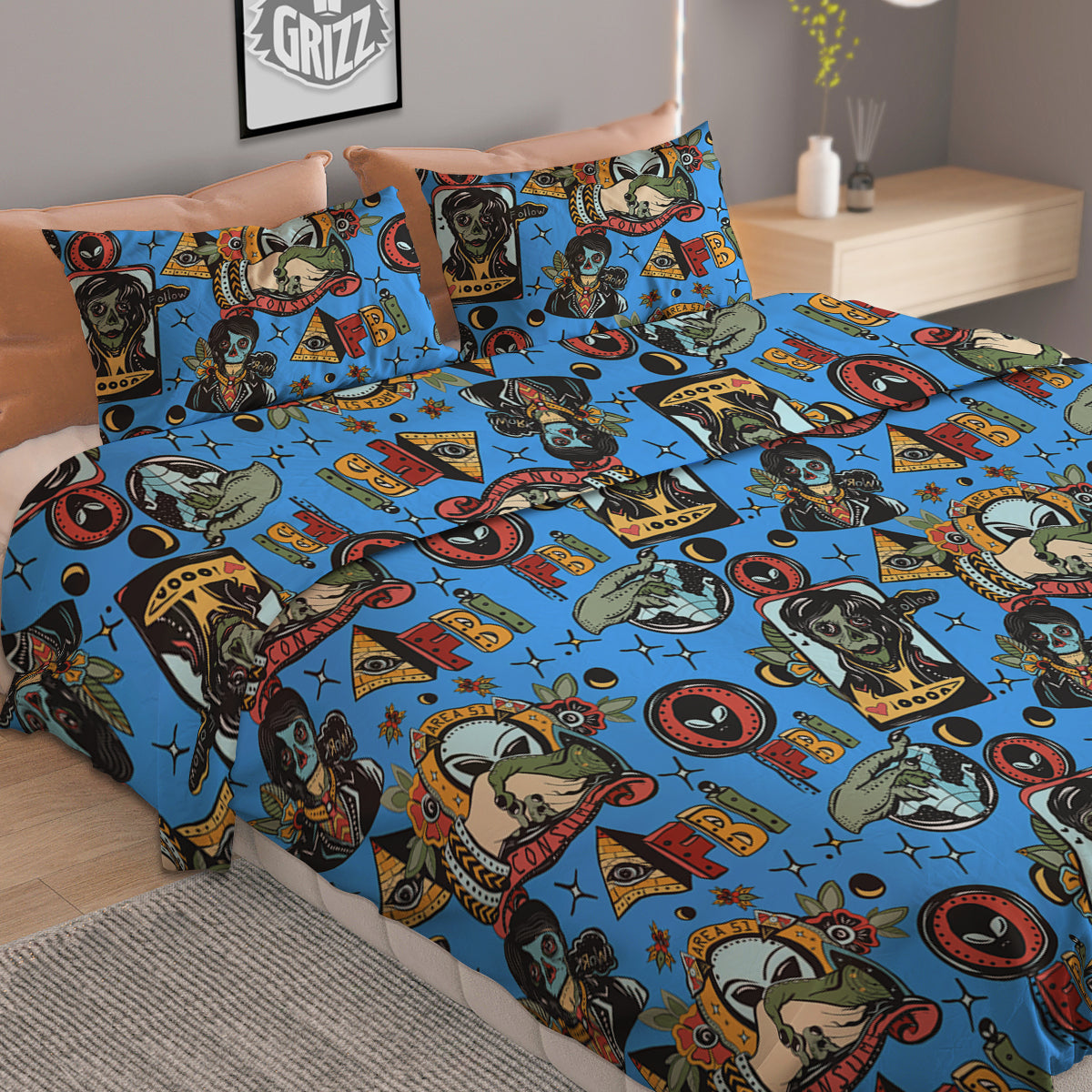 Space Alien Retro Tattoo Print Pattern Duvet Cover Bedding Set