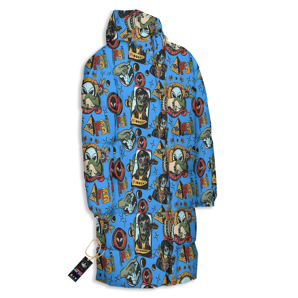 Space Alien Retro Tattoo Print Pattern Long Down Jacket-grizzshop