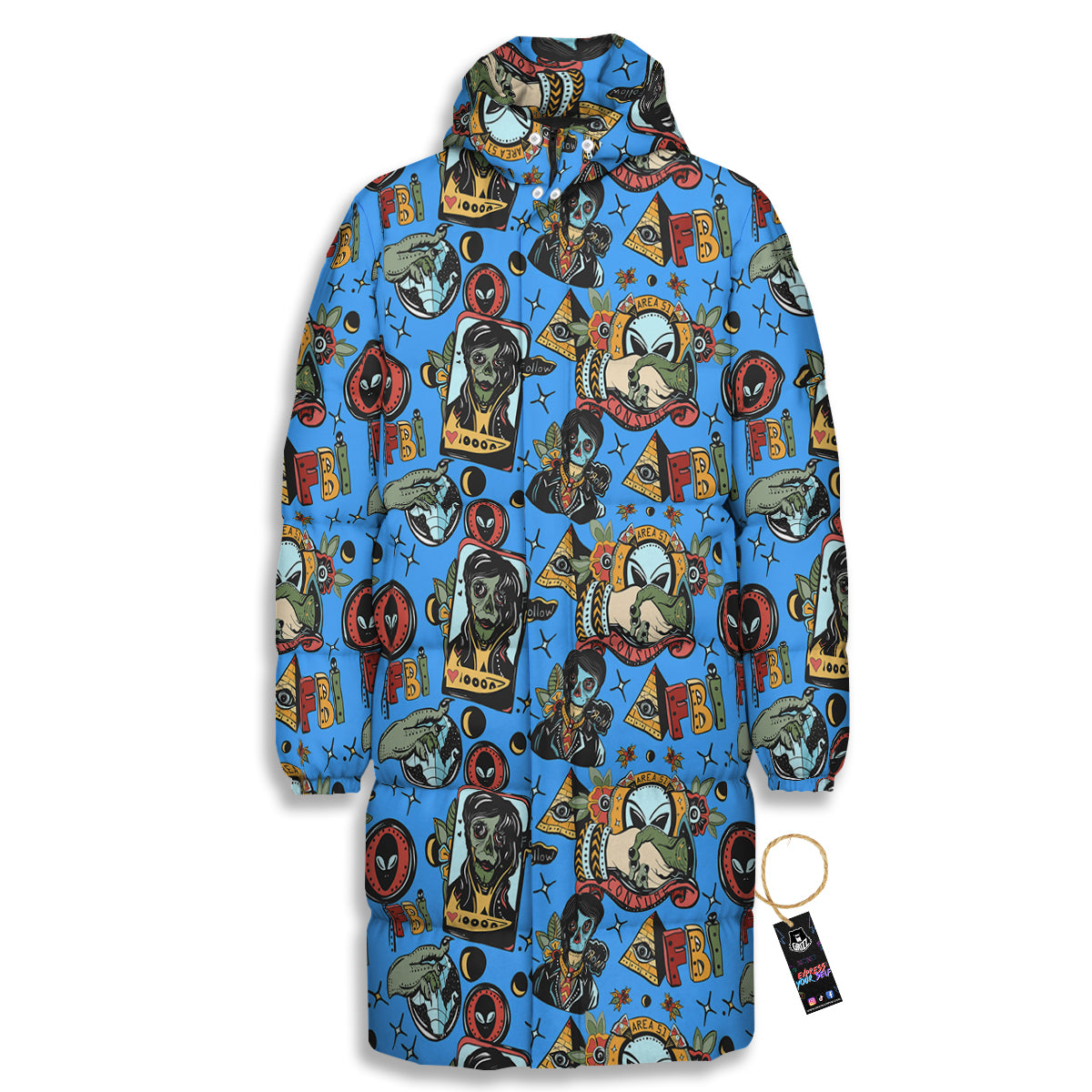 Space Alien Retro Tattoo Print Pattern Long Down Jacket-grizzshop
