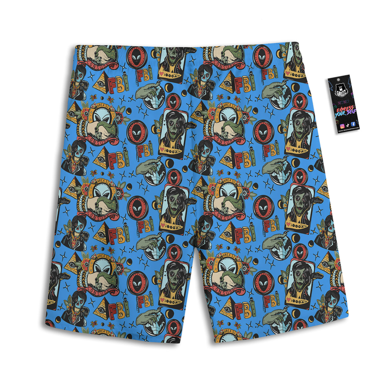 Space Alien Retro Tattoo Print Pattern Men's Athletic Shorts