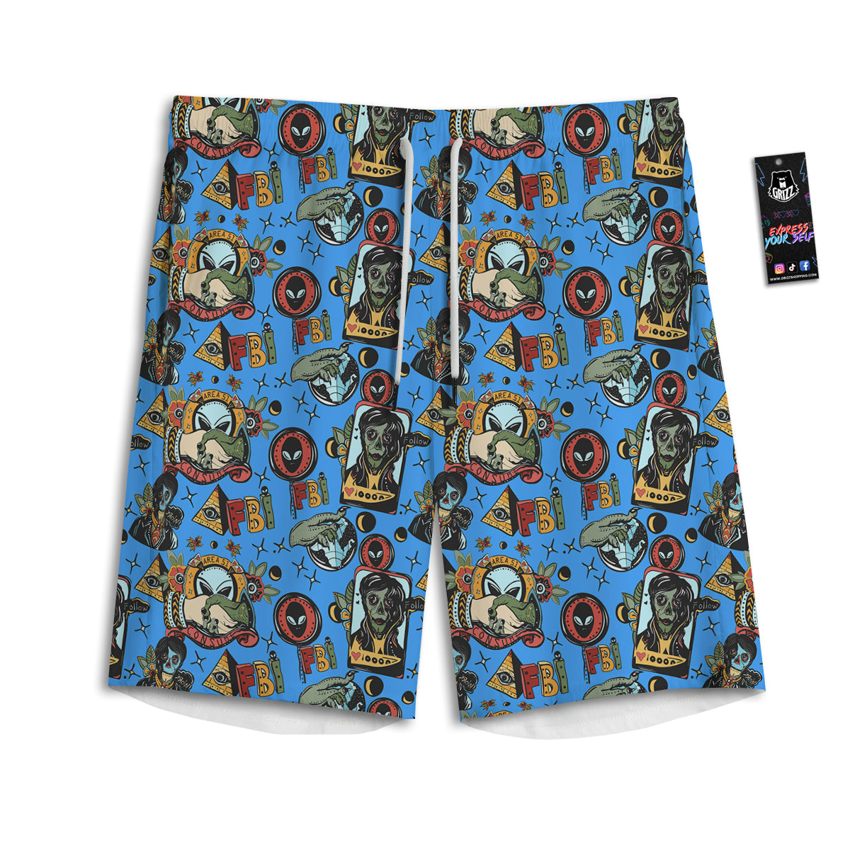 Space Alien Retro Tattoo Print Pattern Men's Athletic Shorts
