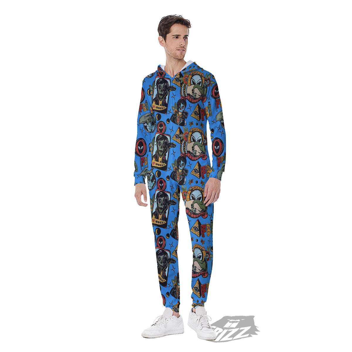 Space Alien Retro Tattoo Print Pattern Men's Jumpsuit-grizzshop