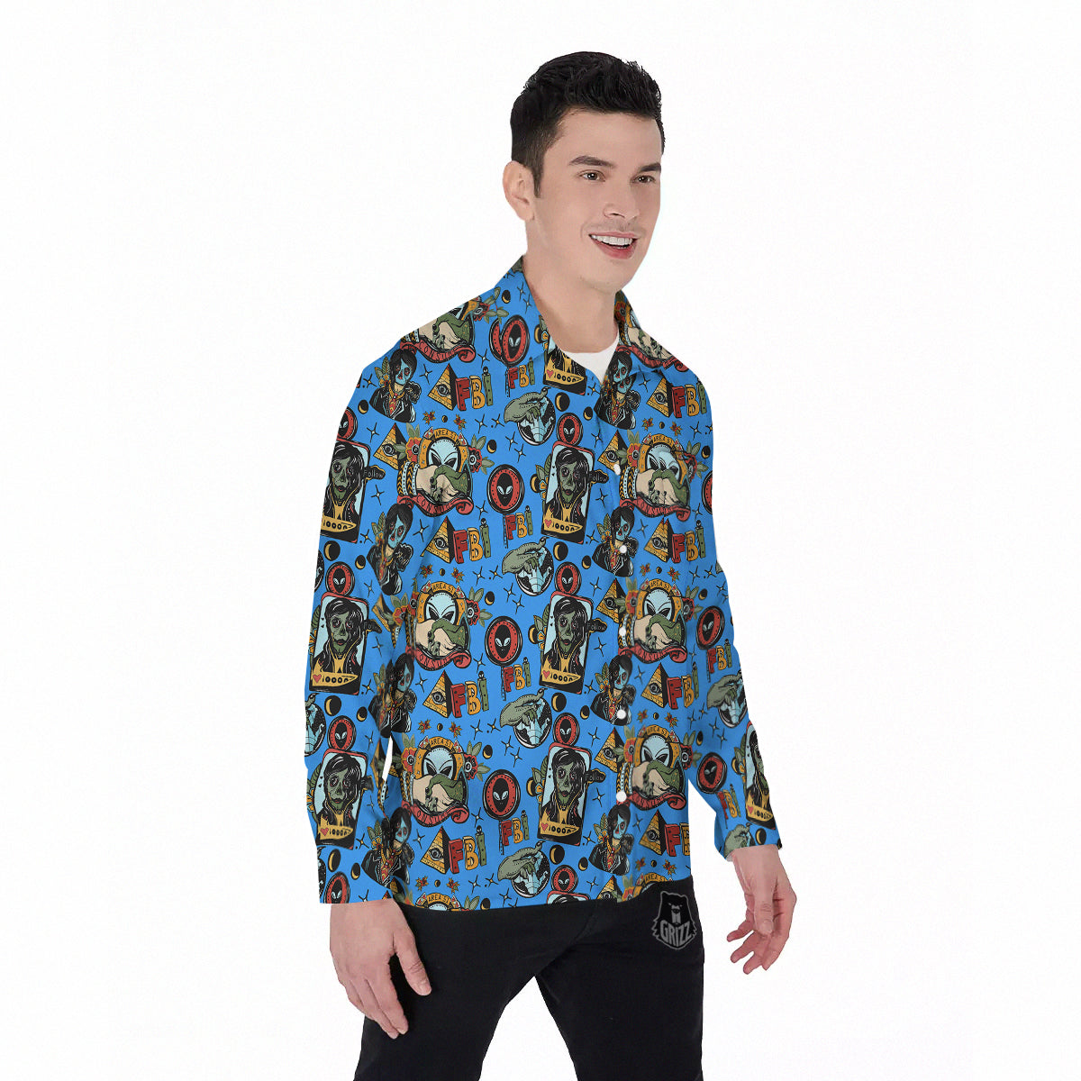 Space Alien Retro Tattoo Print Pattern Men's Long Sleeve Shirts-grizzshop