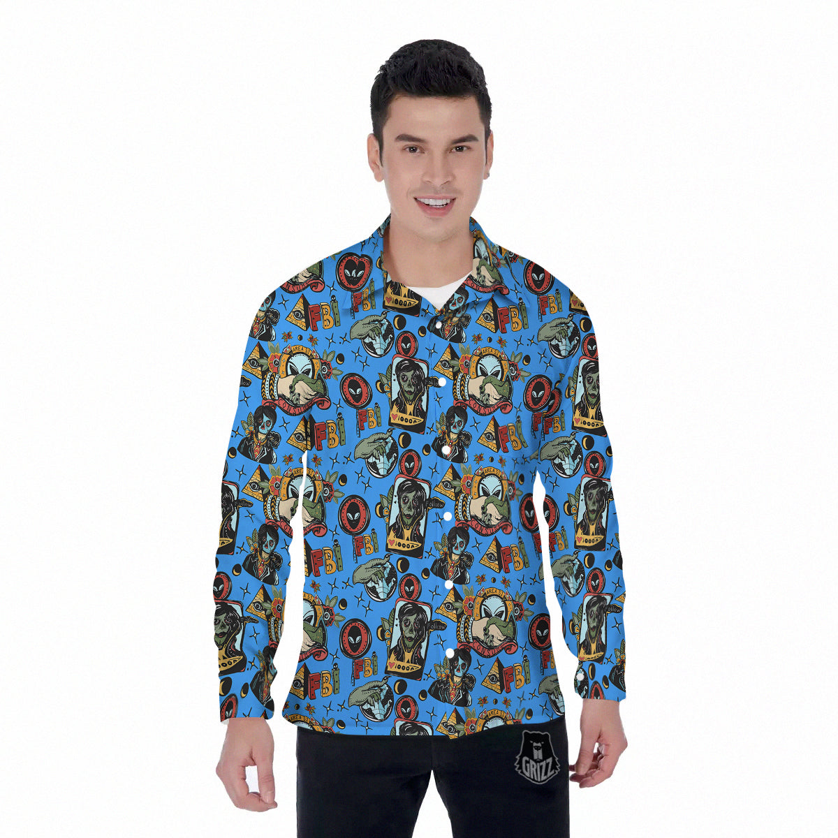 Space Alien Retro Tattoo Print Pattern Men's Long Sleeve Shirts-grizzshop