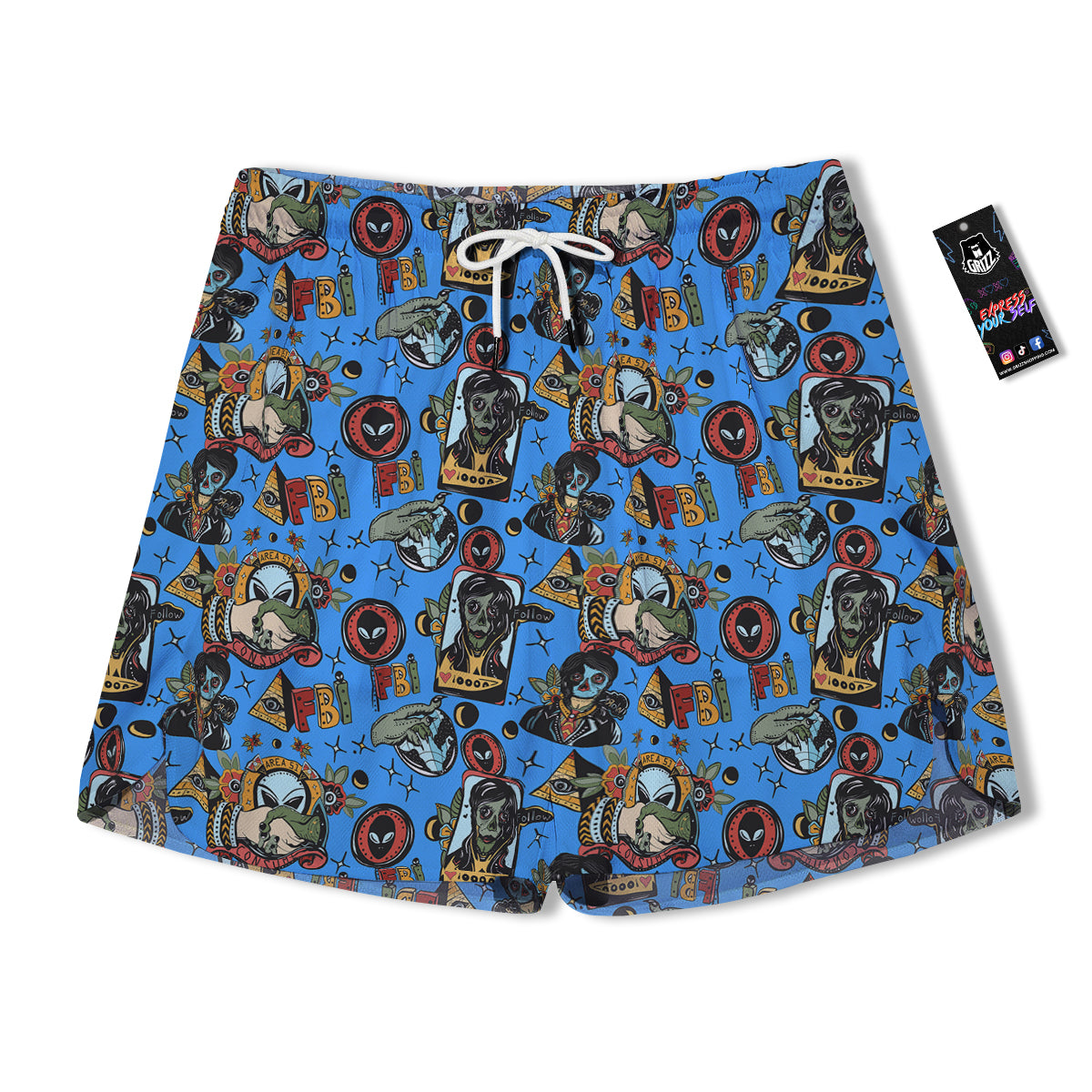 Space Alien Retro Tattoo Print Pattern Men's Running Shorts-grizzshop