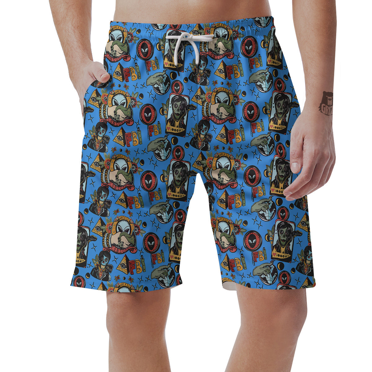 Space Alien Retro Tattoo Print Pattern Men's Shorts-grizzshop