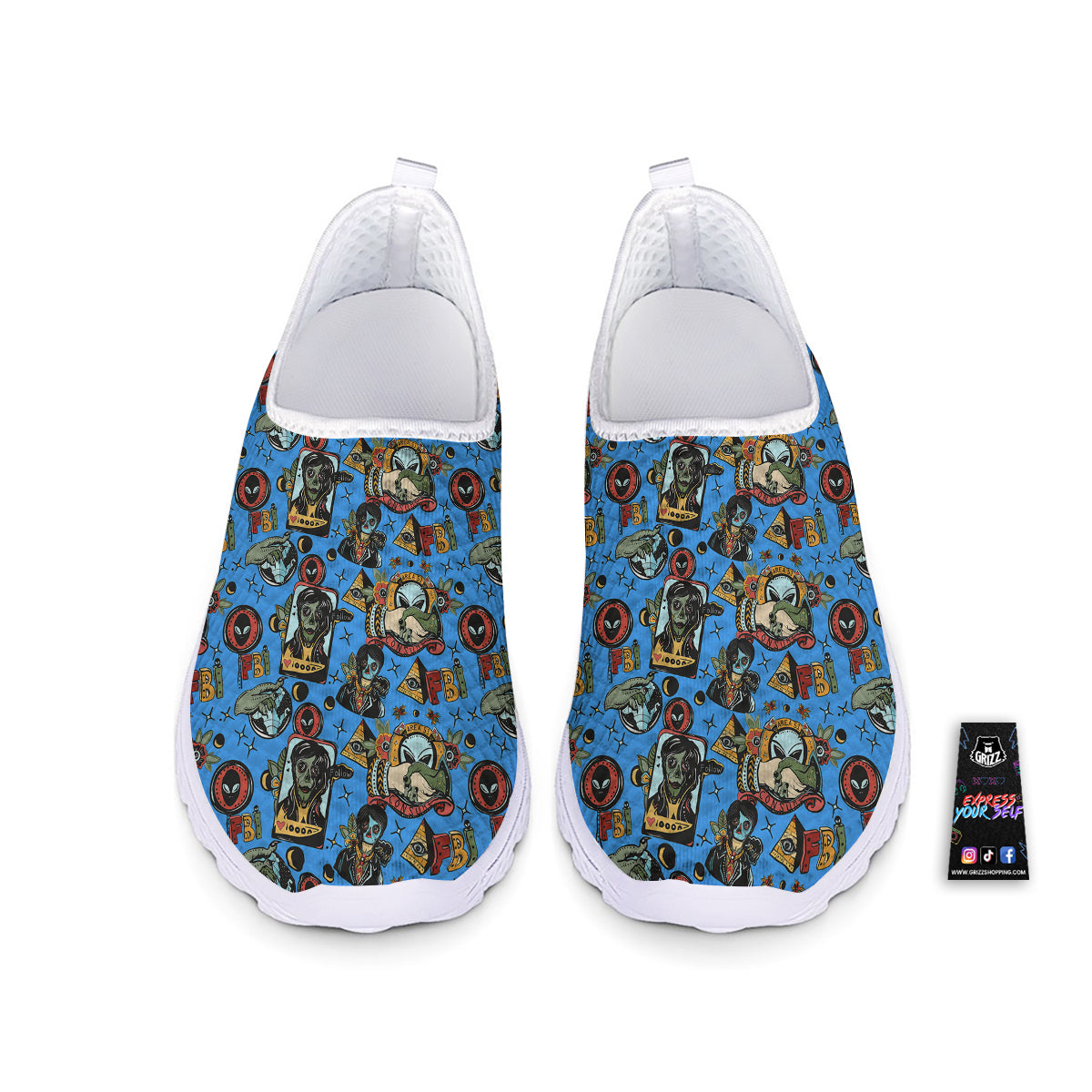 Space Alien Retro Tattoo Print Pattern Nurse Shoes-grizzshop