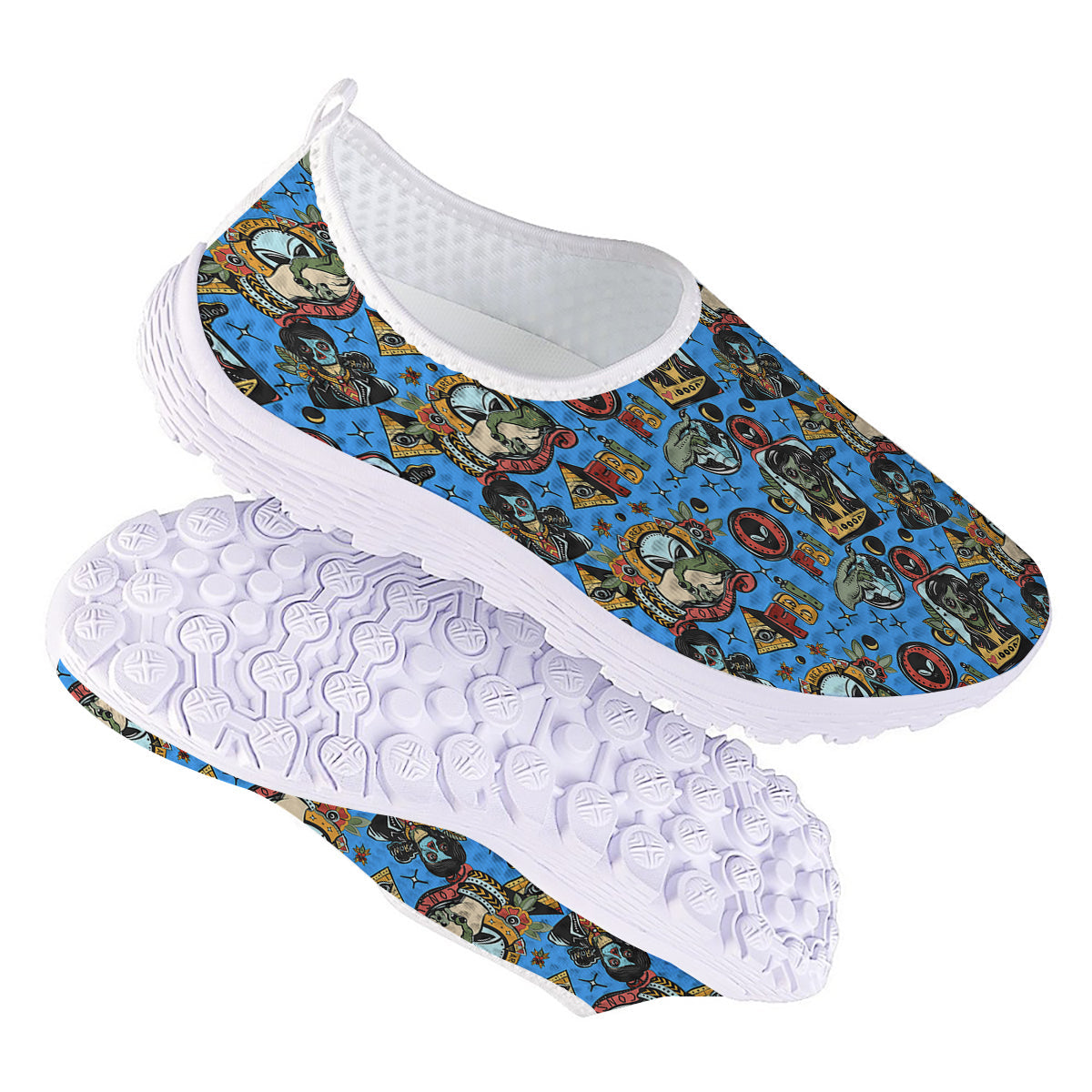Space Alien Retro Tattoo Print Pattern Nurse Shoes-grizzshop