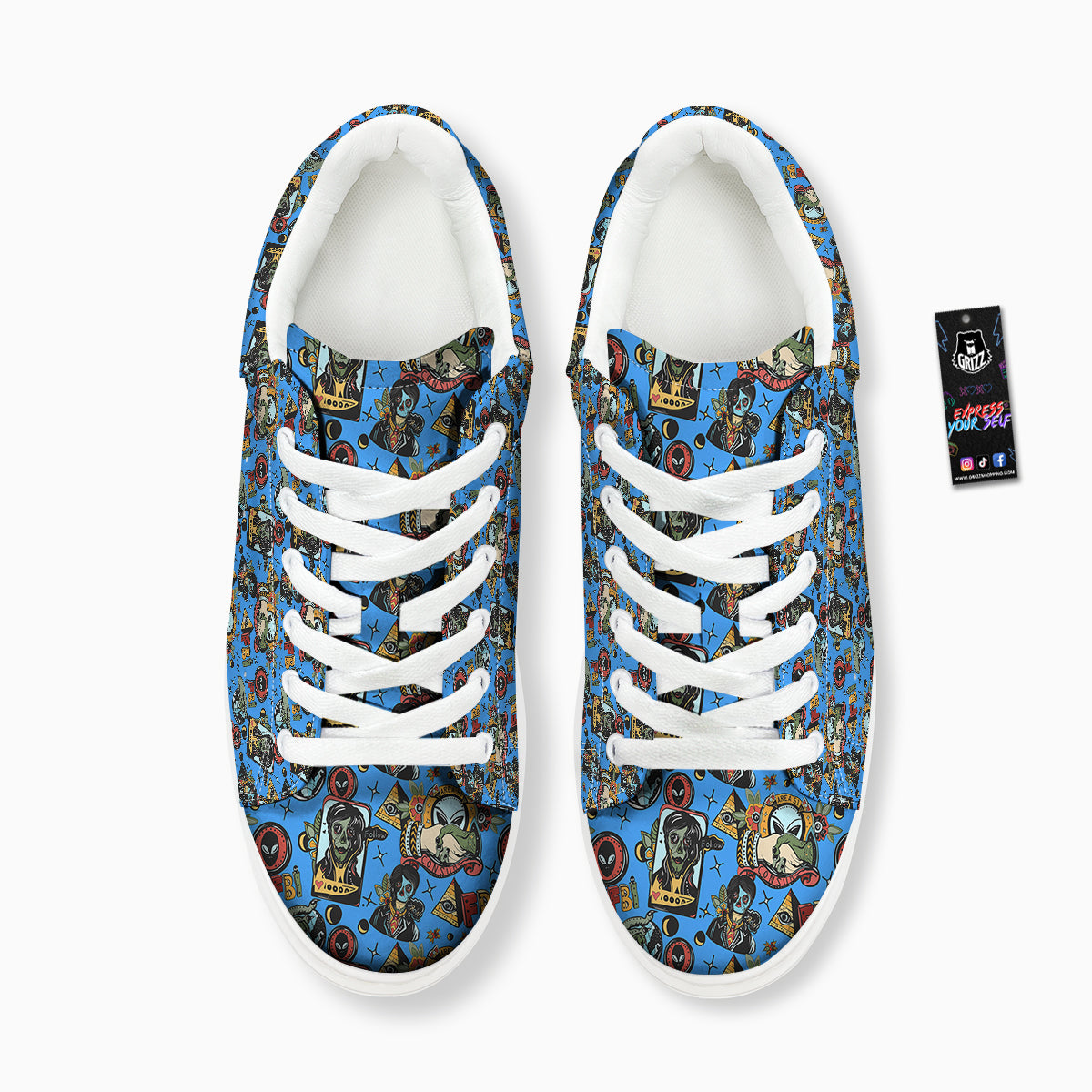 Space Alien Retro Tattoo Print Pattern Platform Shoes-grizzshop