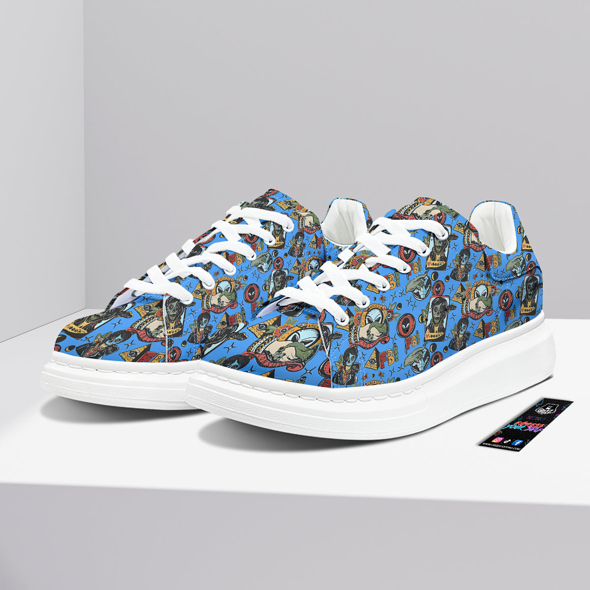 Space Alien Retro Tattoo Print Pattern Platform Shoes-grizzshop