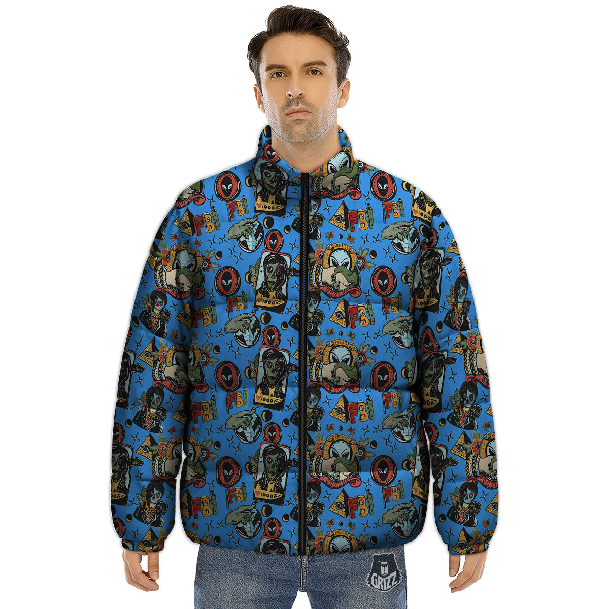 Space Alien Retro Tattoo Print Pattern Puffer Jacket-grizzshop