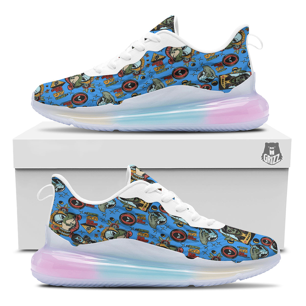 Space Alien Retro Tattoo Print Pattern Running Sneakers-grizzshop