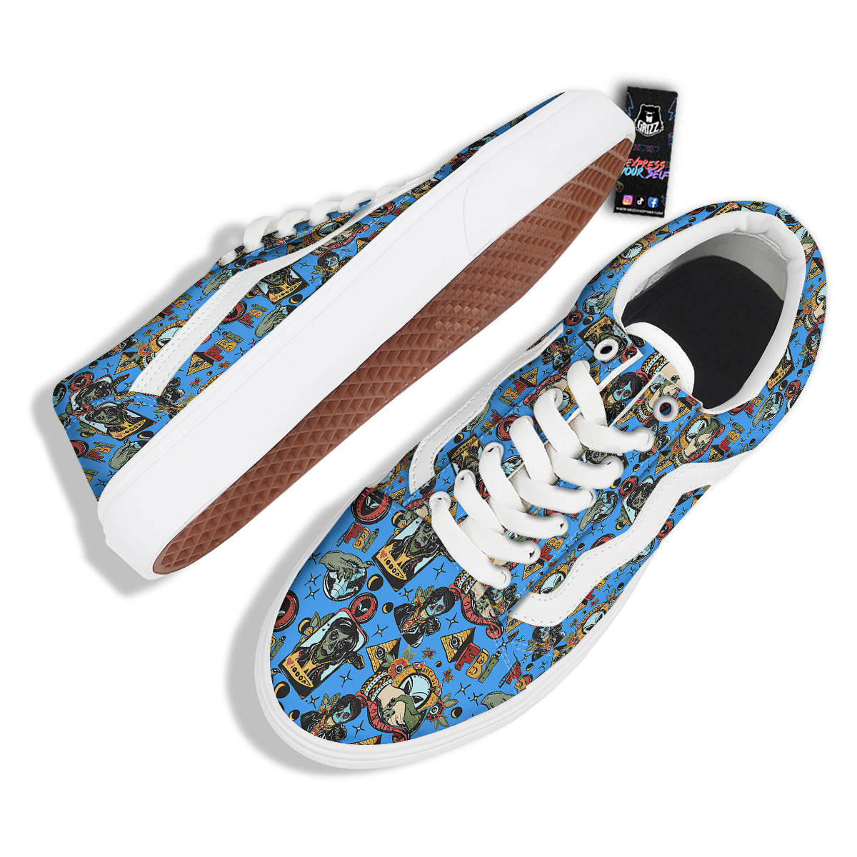 Space Alien Retro Tattoo Print Pattern Skate Shoes-grizzshop