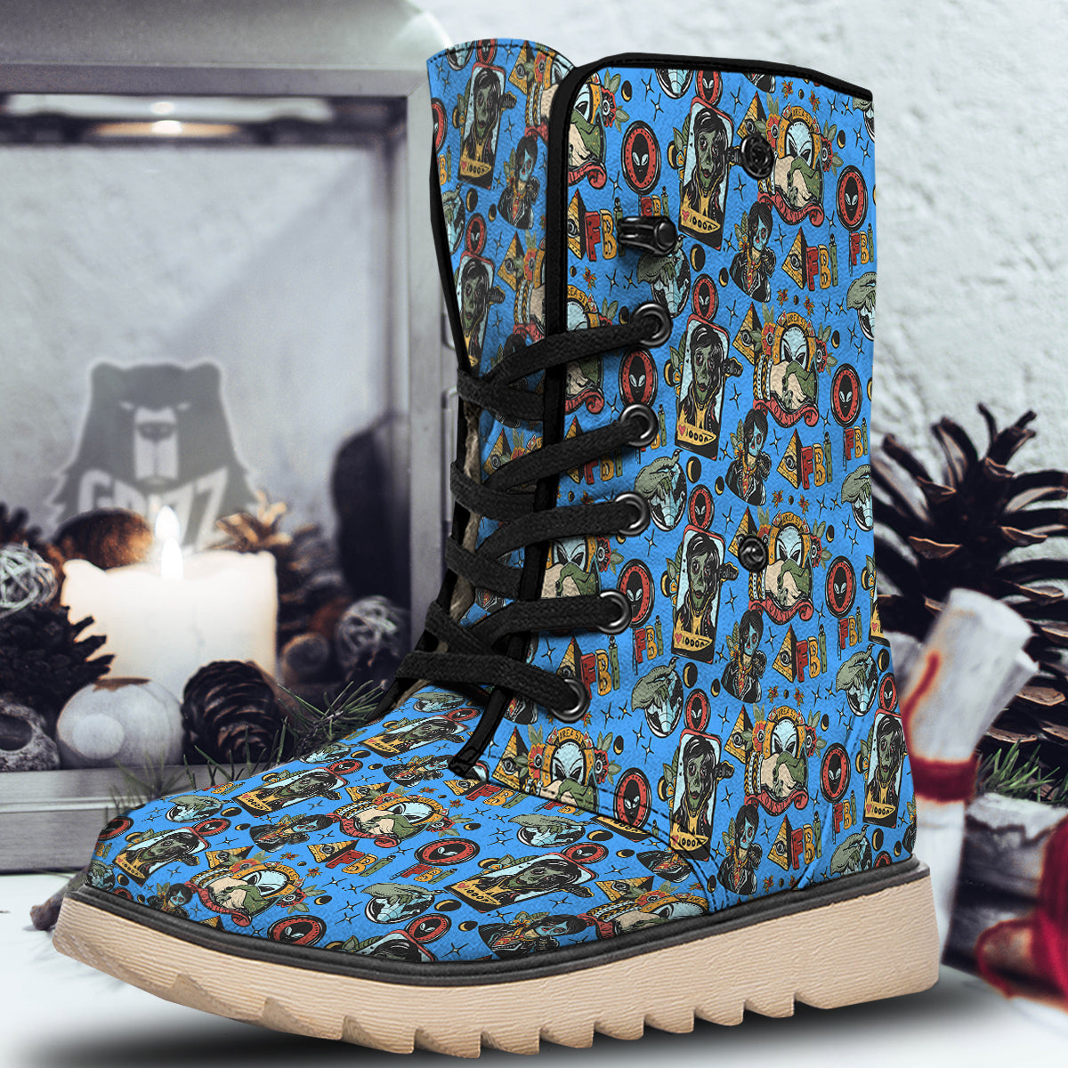 Space Alien Retro Tattoo Print Pattern Snow Boots-grizzshop