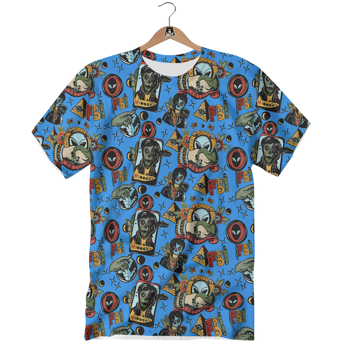 Space Alien Retro Tattoo Print Pattern T-Shirt-grizzshop