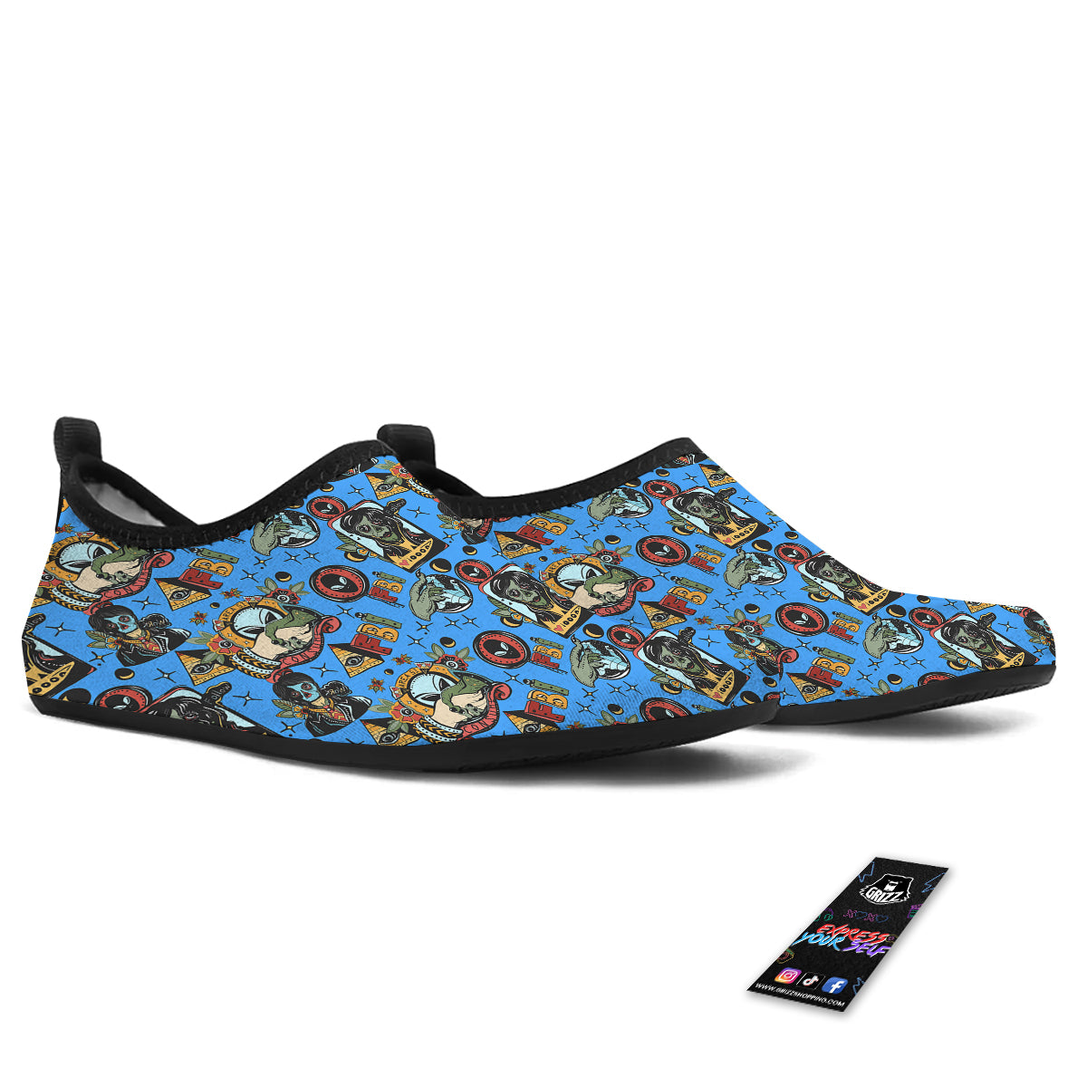 Space Alien Retro Tattoo Print Pattern Water Shoes-grizzshop